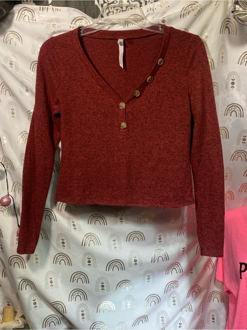 NY Collection Brick Red V-Neck Button Accent Knit Top